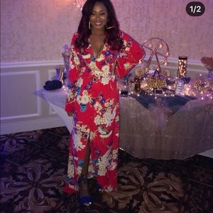 Red Floral Print Kimono Maxi Dress